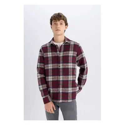 DEFACTO Men's Burgundy Regular Fit Regular Cut Polo Collar Plaid Lumberjack Flannel Long Sleeve 