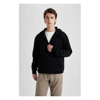 DEFACTO Men's Black Hooded Soft Fuzzy Inside Zipper Basic Cotton Sweatshirt Cardigan X8331az23au