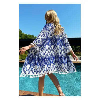 Trend Alaçatı Stili Women's Blue Ethnic Patterned Tasseled Kimono Jacket