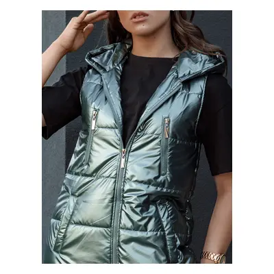 Women's quilted vest with hood long MERIS dark green Dstreet