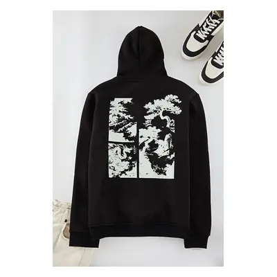 Trendyol Black Regular Cut Hooded Printed Sweatshirt with Polar Fleece Inside