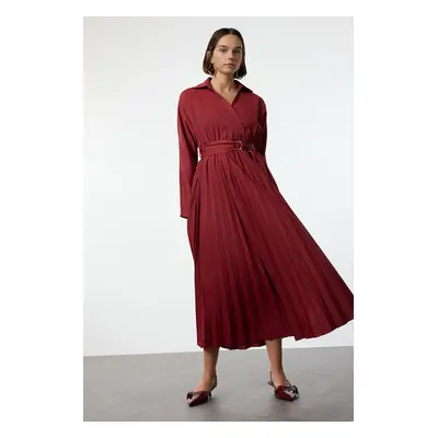 Trendyol Burgundy Belted Skirt Pleated Double Breasted Collar Maxi Woven Dress