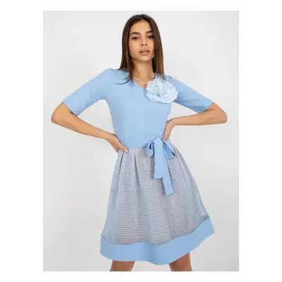 Light blue flared cocktail dress with belt