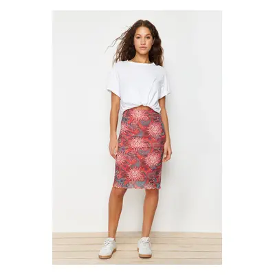 Trendyol Premium Orange Printed Tulle High Waist Lined Midi Knitted Skirt