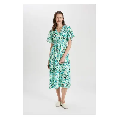 DEFACTO V-neck Print Short Sleeve Midi Viscose Dress