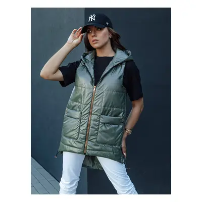 Women's quilted long vest with hood JESS green Dstreet