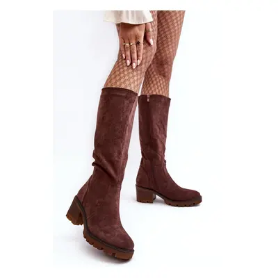 Women's over-the-knee boots with low heels, dark brown Beveta