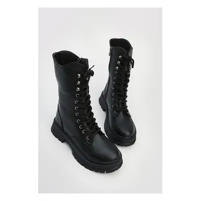 Marjin Women's Lace-up Zippered Thick Sole Ankle Boots Yenles Black.