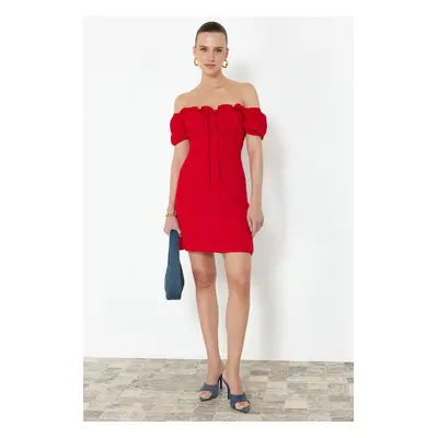 Trendyol Red Fitted Madonna Neck Crepe Mini Woven Dress