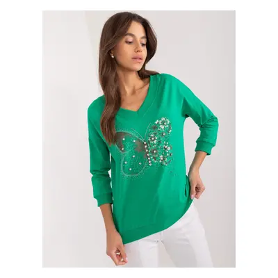 Green women's blouse with print and rhinestones