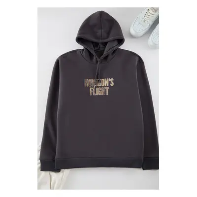 Trendyol Anthracite Oversize/Wide Cut Hooded Sweatshirt with Patterned Text Printed Fleece Insid