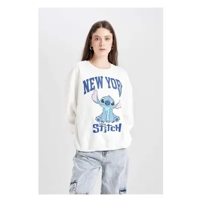 DEFACTO Women's White Cool Disney Lilo & Stitch Wide Cut Crew Neck Printed Sweatshirt D4812ax24w