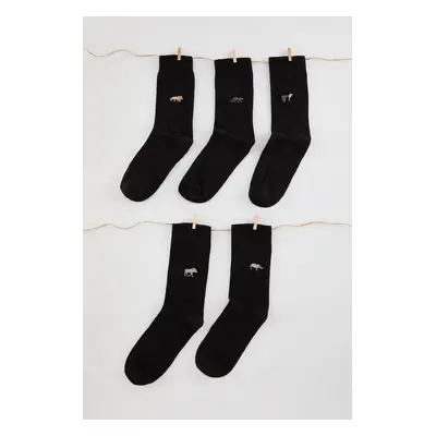 Trendyol Black Unisex 5-Pack Animal Embroidered Cotton Sock-Long Socks