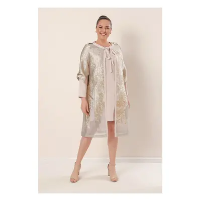 By Saygı mintás plus size jacquard részes öltöny bézs