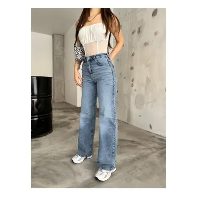 BİKELİFE Women's Pale Effect Vintage High Waist Wide Leg Jeans