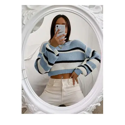 49425 Dewberry Striped Knit Crop Women Sweater-BLUE