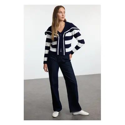 Trendyol Navy Blue Crop Soft Texture Shawl Collar Striped Knitwear Sweater