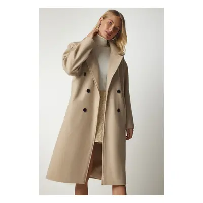 Happiness İstanbul Women's Beige Double Breasted Collar Oversize Stash Coat