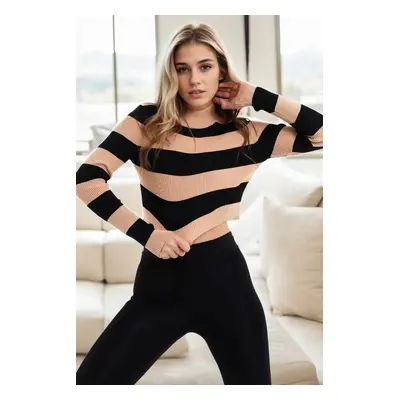 28277 Dewberry Striped Crop Knitwear Sweater-BLACK-CARAMEL