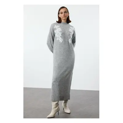 Trendyol Gray Stand Collar Jacquard Patterned Knit Dress