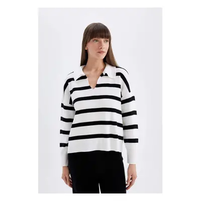 DEFACTO Women's Relax Fit Polo Collar Striped Knitwear Sweater A3861ax24wn