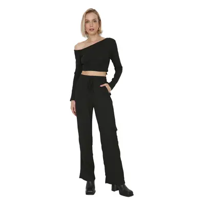 Trendyol Black Pocket Detailed Wide Leg/Casual Fit High Derék, Crisp kötött nadrág