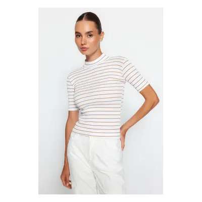 Trendyol Camel Striped High Neck Fitted/Situated Short Sleeve Elastic Ribbed Knitted Blouse