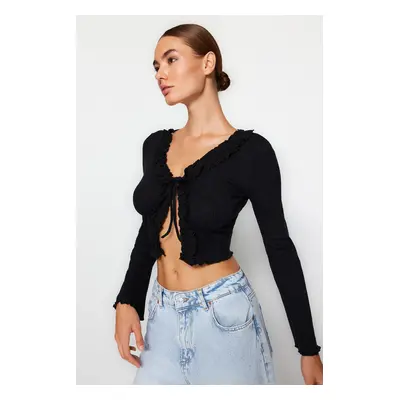 Trendyol Black Ruffle Detailed Knitted Blouse with Front Tie Ribbed Flexible Crop