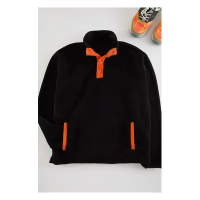 Trendyol Black Stand Collar Color Blocked Fleece Sweatshirt