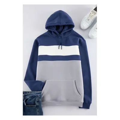 Trendyol Navy Blue Regular/Normal Cut Color Block Hooded Fleece Inside Sweatshirt