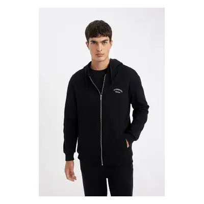 DEFACTO Men's Black Relax Fit Casual Cut Hooded Waffle Zipper Pocket Sweatshirt