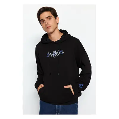 Trendyol Black Oversize/Wide Cut Letter Embroidered Hooded Sweatshirt