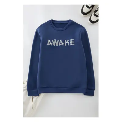 Trendyol Navy Blue Oversize/Wide Cut Fleece Embroidered Sweatshirt