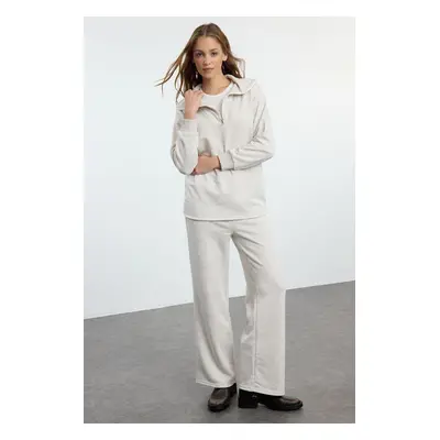 Trendyol Beige Melange Zippered Oversize Knitted Tracksuit Set