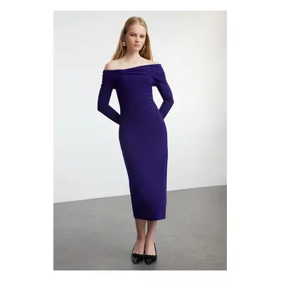 Trendyol Purple Carmen Collar Fitted/Fitting Flexible Midi Knitted Dress