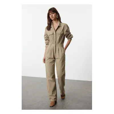 Trendyol Khaki Pocket Detailed Pleated Denim Overalls