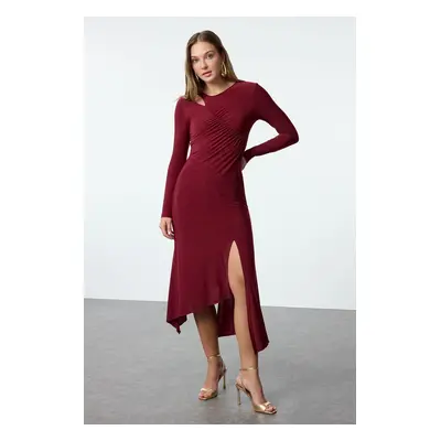 Trendyol Burgundy Hem Flounce Detailed Knitted Dress