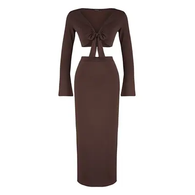 Trendyol Dark Brown Tie Detailed Super Crop and Midi Knitted Blouse and Skirt Top-Bottom Set