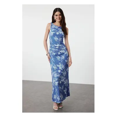 Trendyol Blue Floral Printed Shiny Surface Boat Kaya Fitted Flexible Knitted Pencil Dress