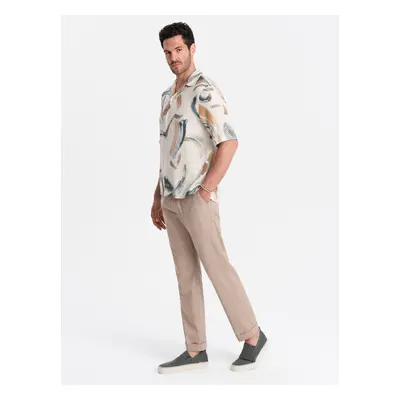 Ombre Men's linen blend rolled up chino pants - light brown