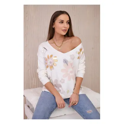 Sweater blouse with colorful flowers powder pink+beige