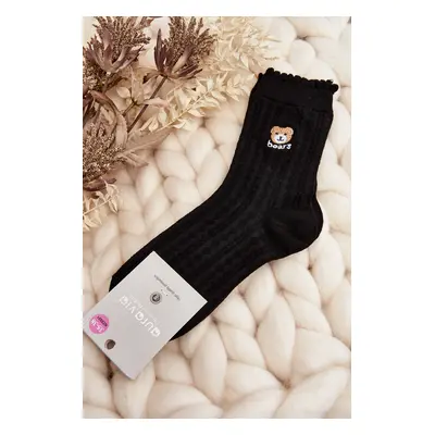 Patterned socks for women with teddy bear, black