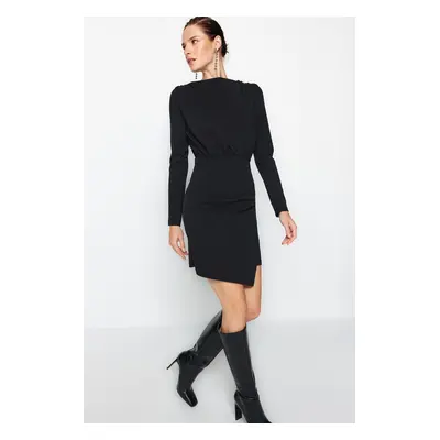 Trendyol Black Premium Textured Crepe Drape Detailed Mini Knitted Dress