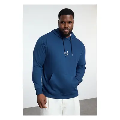 Trendyol Plus Size Indigo Regular/Normal Cut Hooded Sweatshirt with Polar Fleece Inside