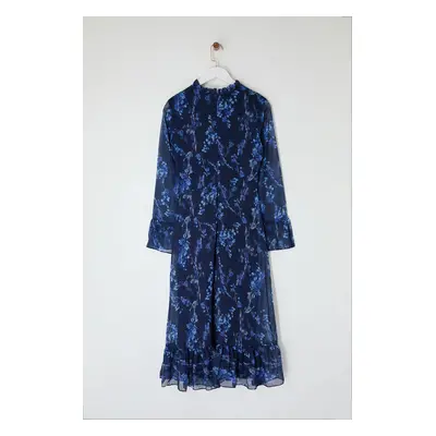 Trendyol Blue Floral Patterned A-Line Stand Collar Midi Lined Chiffon Woven Winter Dress