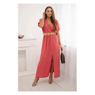 Long dress with decorative coral belt