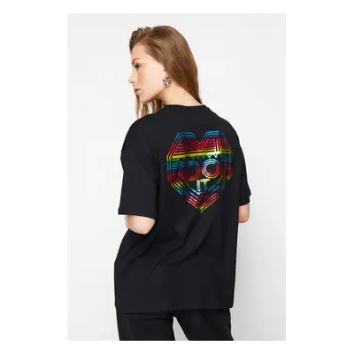 Trendyol Black 100% Cotton Shiny Printed Oversize/Casual Fit Knitted T-Shirt