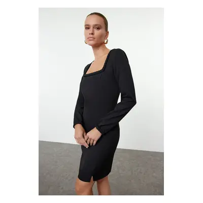 Trendyol Black Body-hugging Knitted Detailed Square Neck Mini Woven Dress