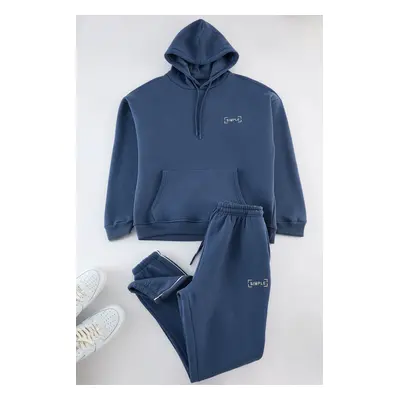 Trendyol Indigo Oversize/Wide Cut Elastic Leg Embroidered Piping Fleece Inside Tracksuit Set