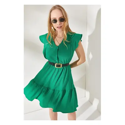 Olalook Women's Grass Green Sleeve Frilly Buttoned Elastic Waist Mini Dress